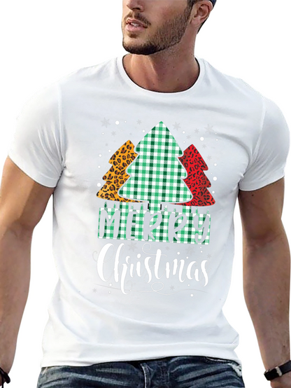 Merry Christmas Tree Pattern Black T-Shirt