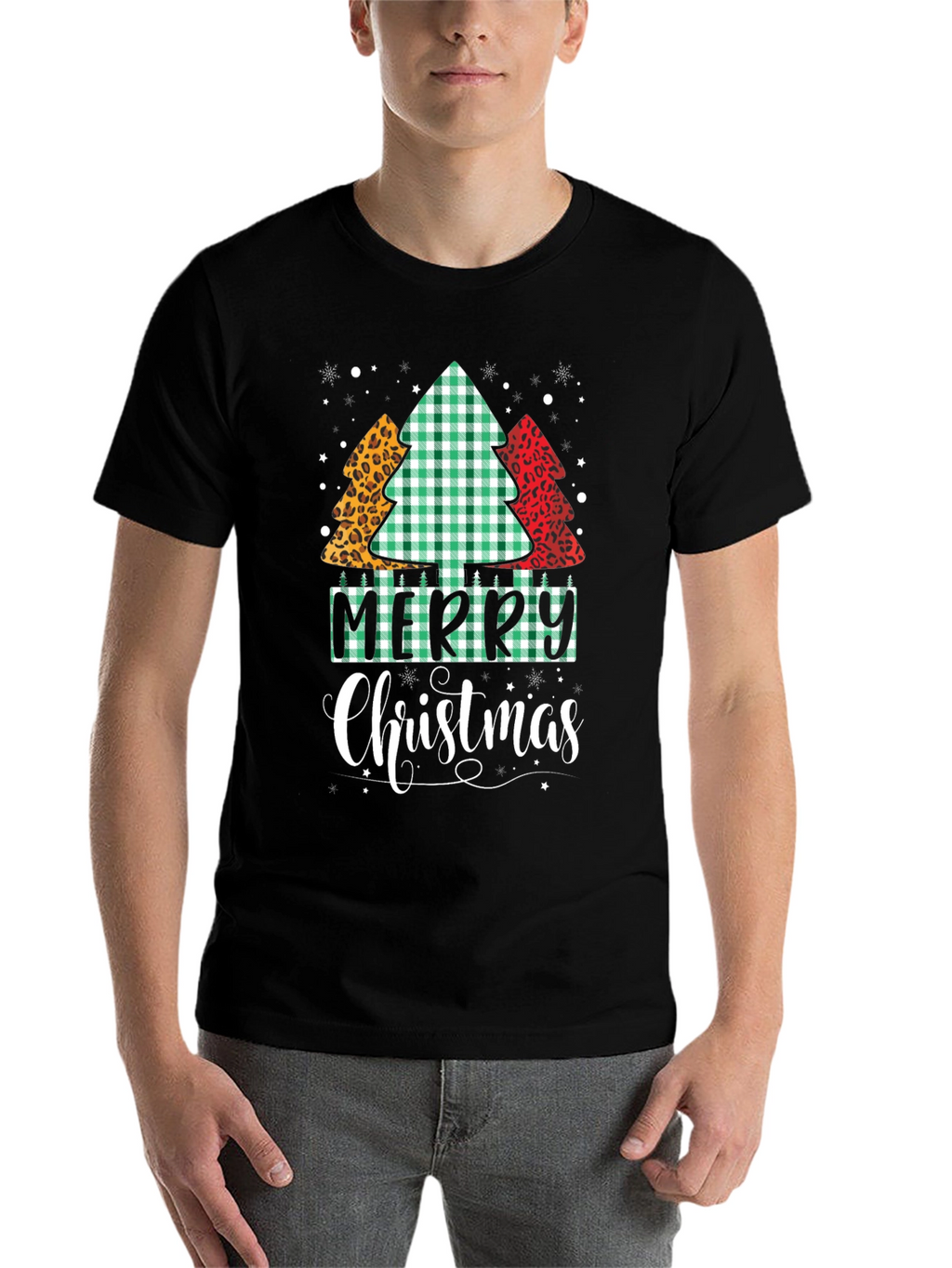 Merry Christmas Tree Pattern Black T-Shirt