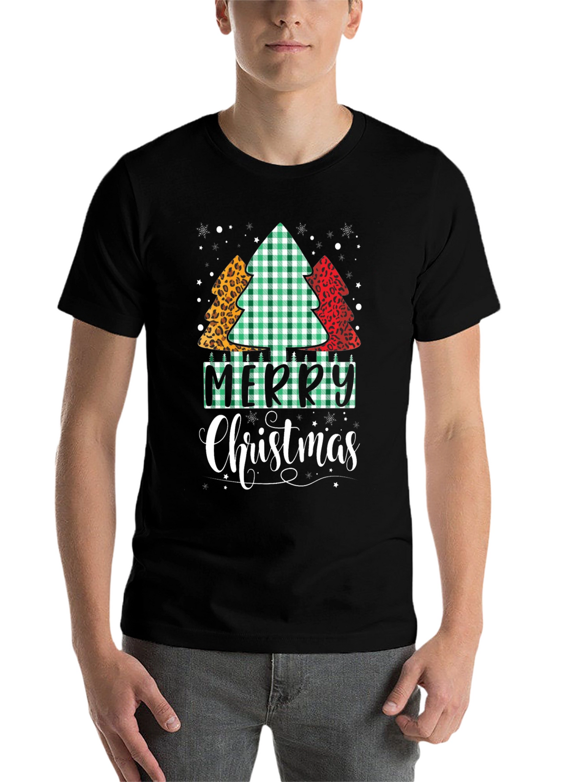 Merry Christmas Tree Pattern Black T-Shirt