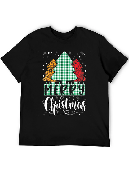 Merry Christmas Tree Pattern Black T-Shirt