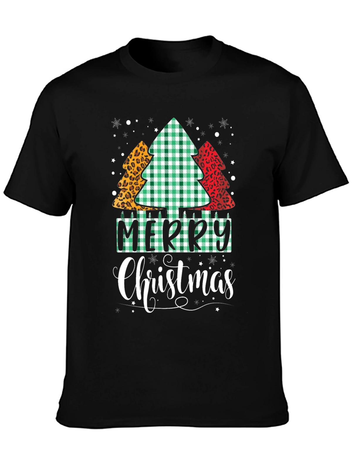 Merry Christmas Tree Pattern Black T-Shirt