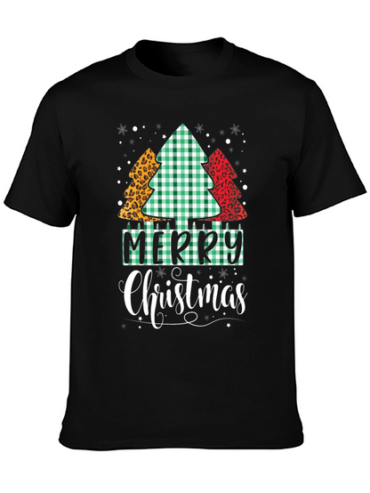 Merry Christmas Tree Pattern Black T-Shirt