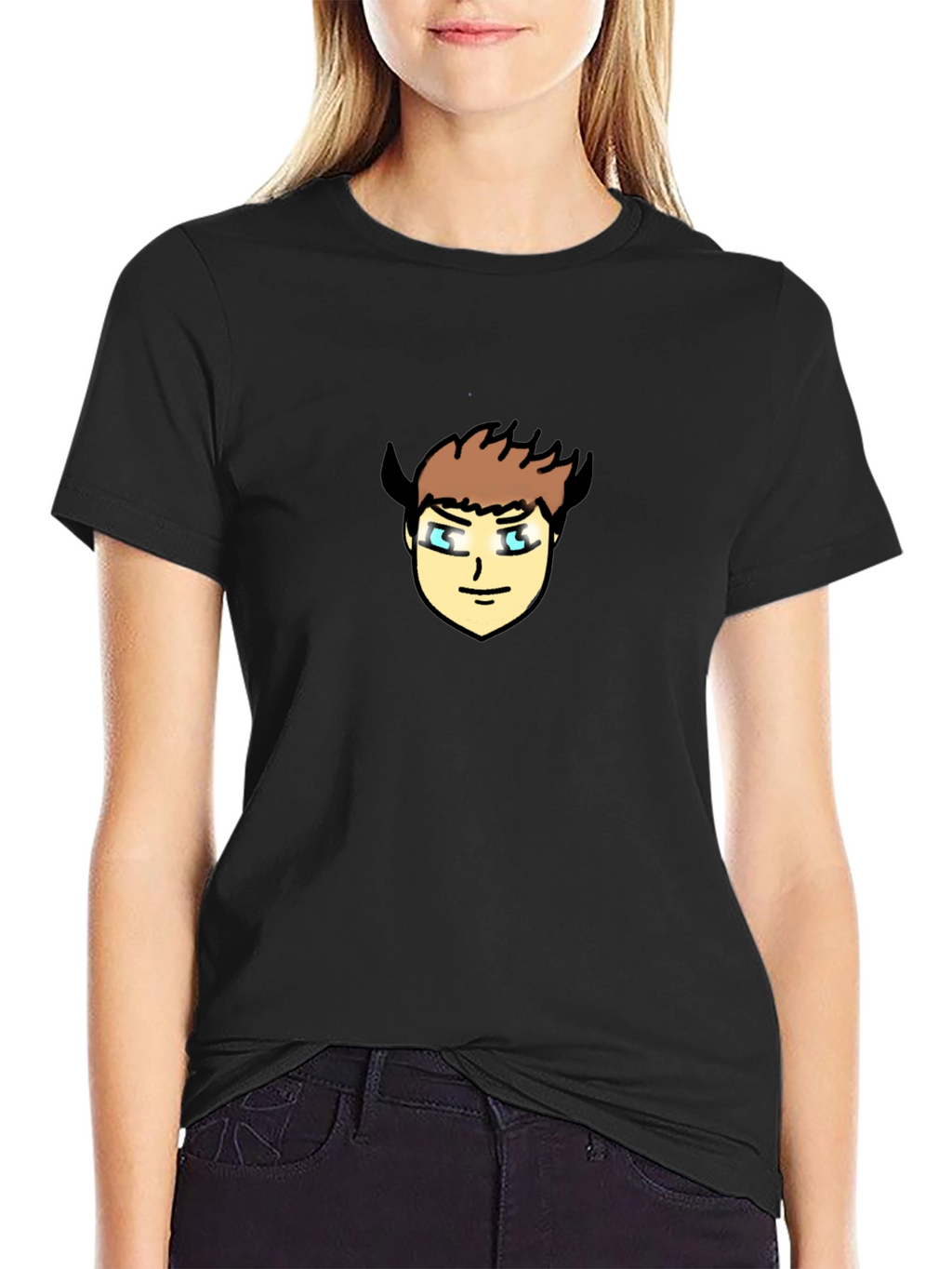 Black T-Shirt with Cartoon Devil Face Graphic