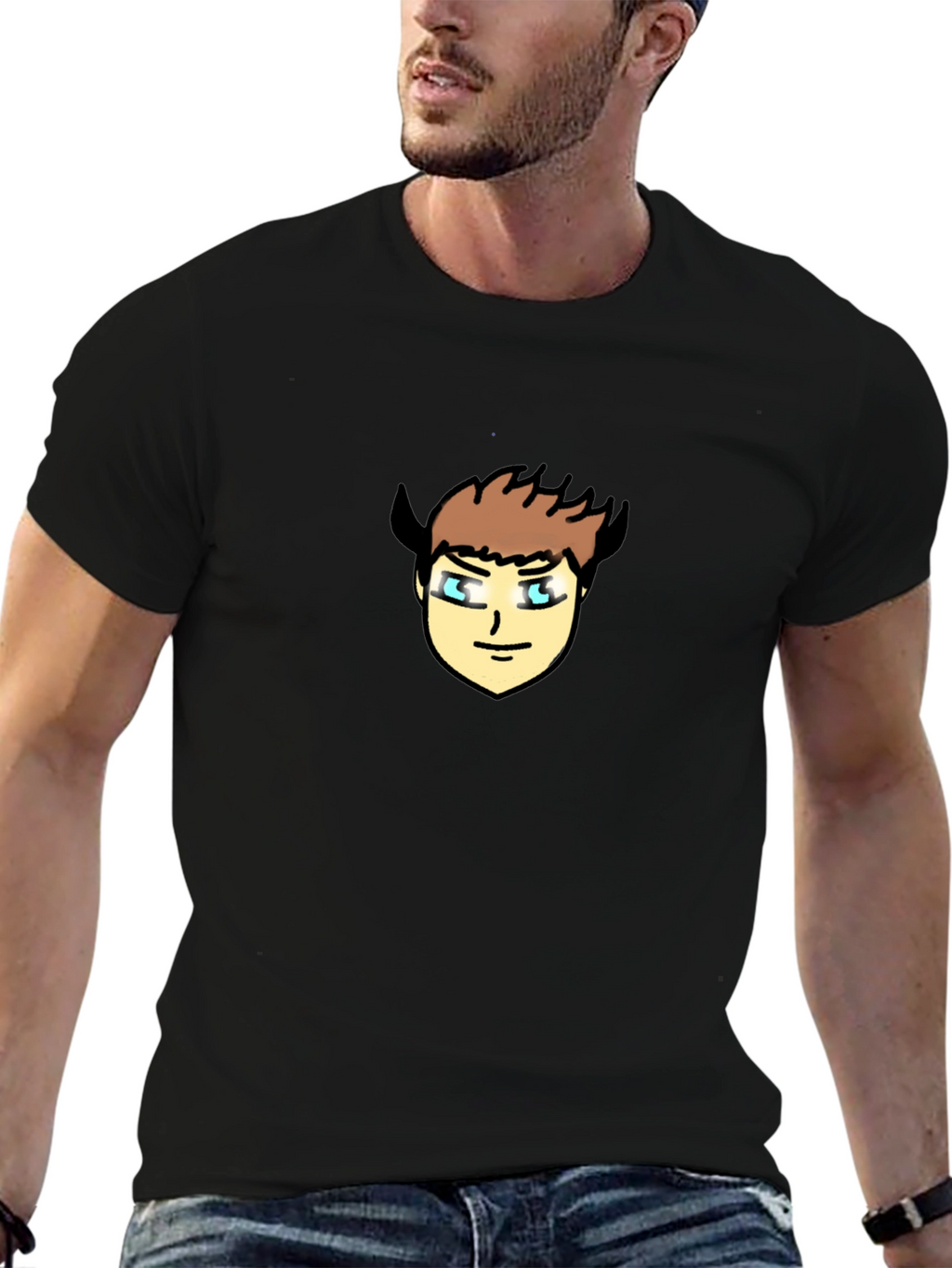 Black T-Shirt with Cartoon Devil Face Graphic