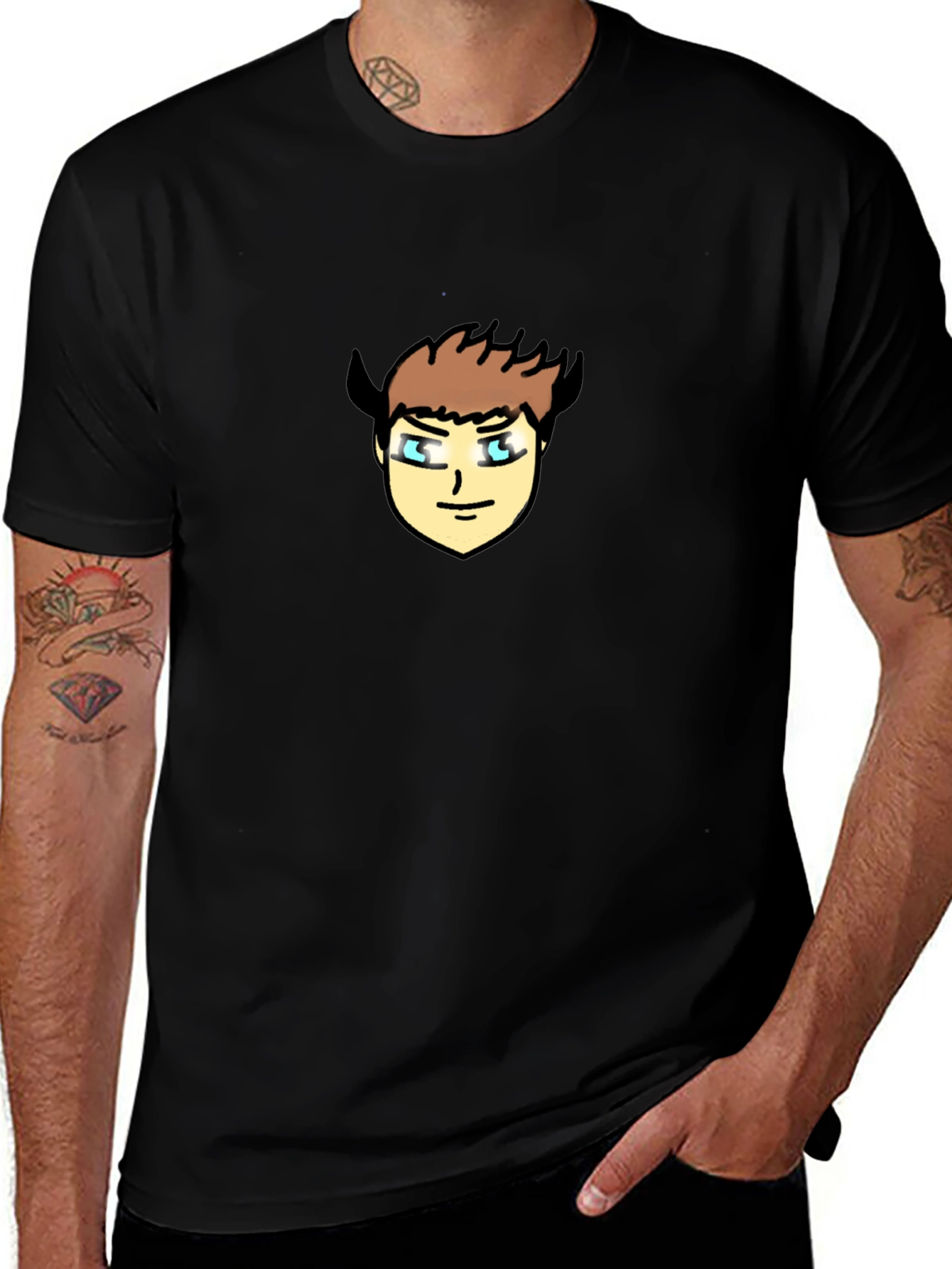 Black T-Shirt with Cartoon Devil Face Graphic
