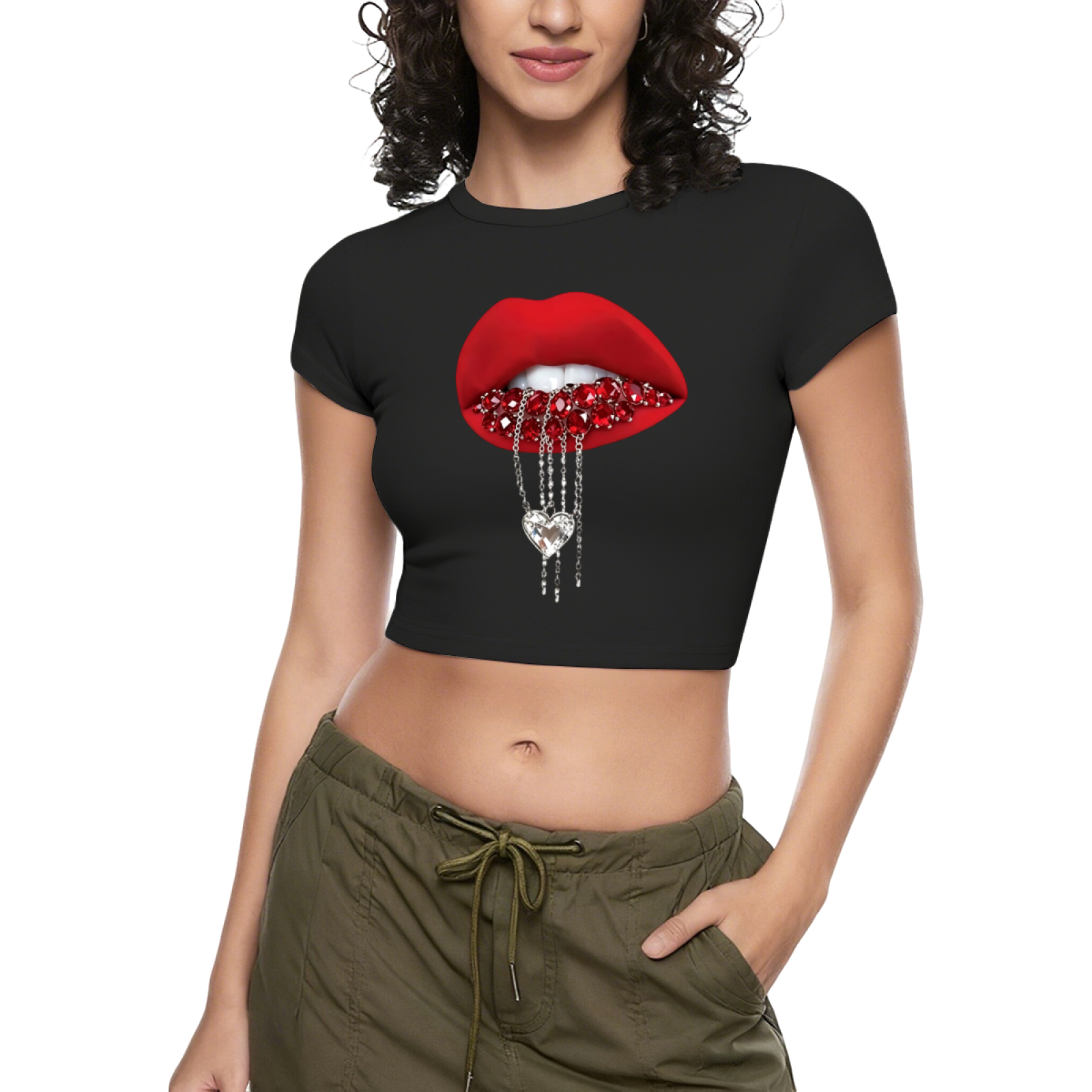 Rhinestone Heart Chain Lips Bold Red Crop Tee