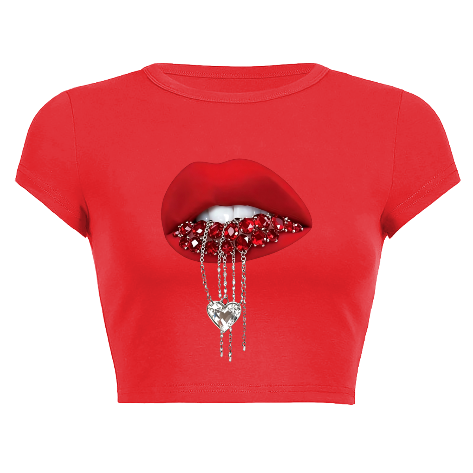 Rhinestone Heart Chain Lips Bold Red Crop Tee