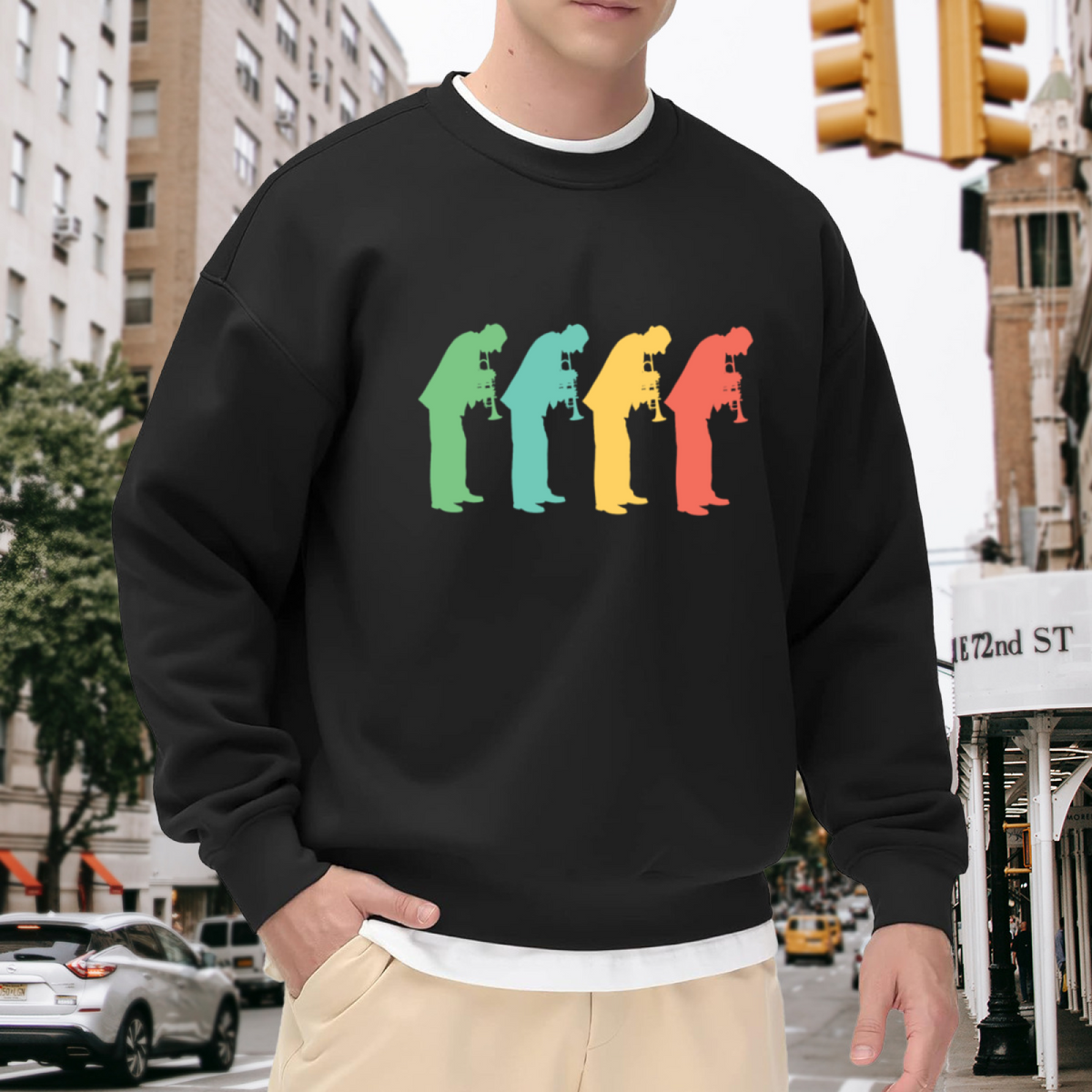 Jazz Trumpet Player Silhouettes Retro Crewneck Sweatshirt | Colorful Musician Row Graphic Pullover, Jazz Music Lover Gift