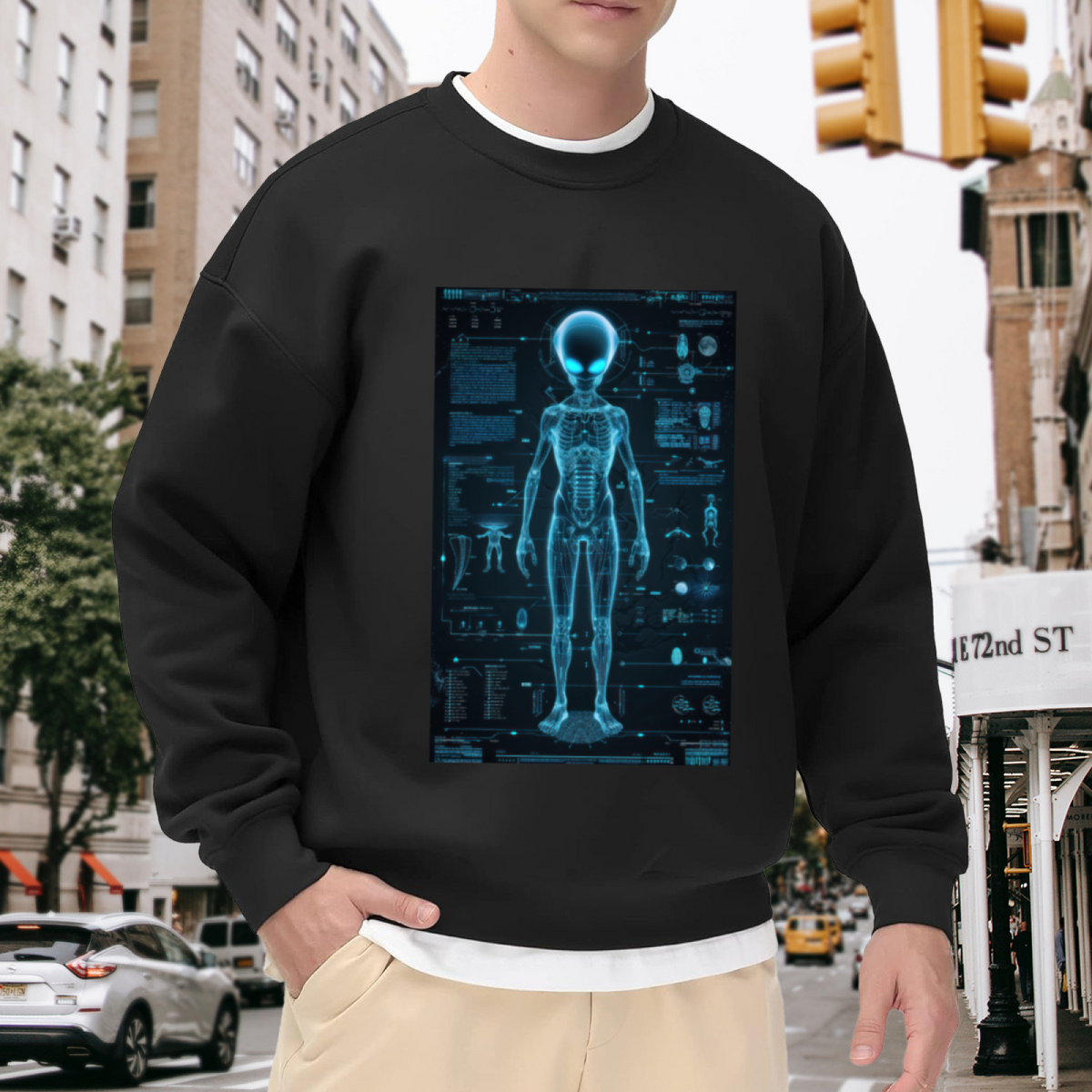 Alien Anatomy X-Ray HUD Crewneck Sweatshirt with Sci-Fi Hologram Design