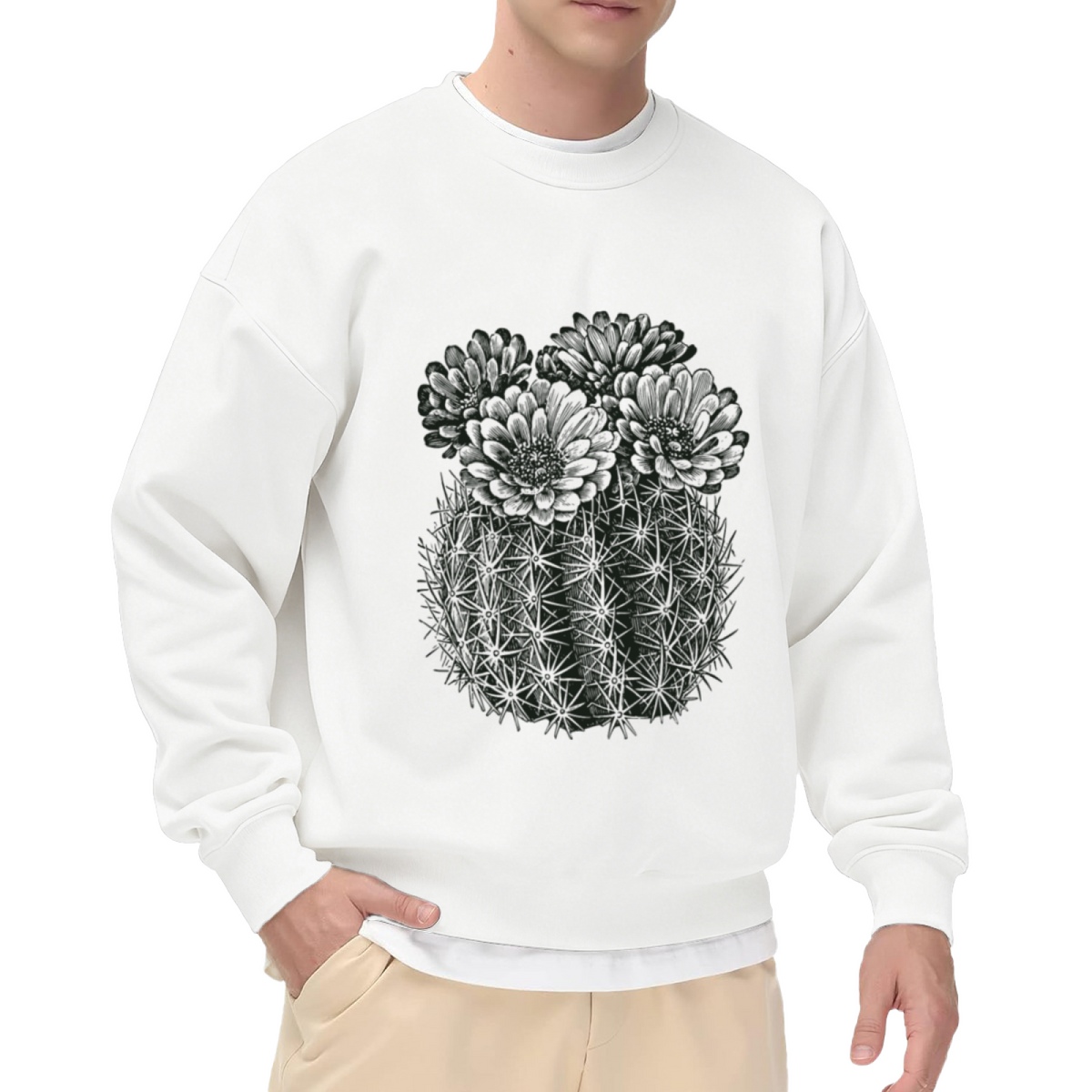 Blooming Cactus Botanical Crewneck Sweatshirt, Monochrome Succulent Flower Pullover, Plant Lover Gift