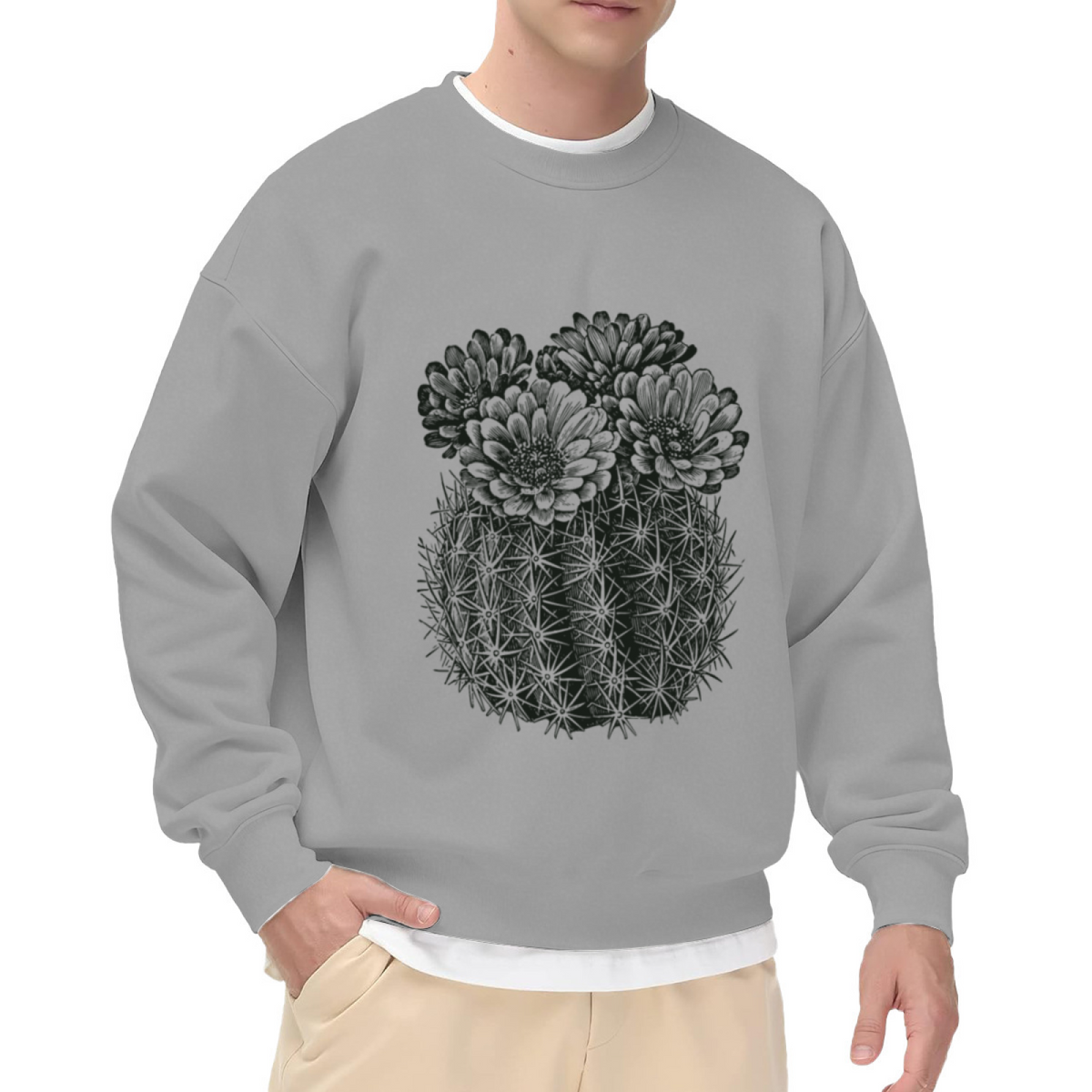 Blooming Cactus Botanical Crewneck Sweatshirt, Monochrome Succulent Flower Pullover, Plant Lover Gift