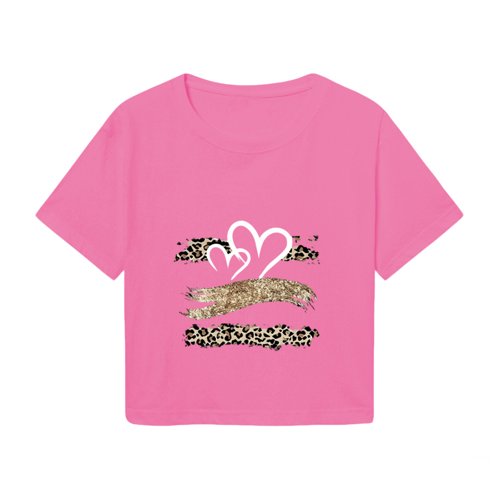 Leopard Glitter Heart Y2K Pink Crop Top