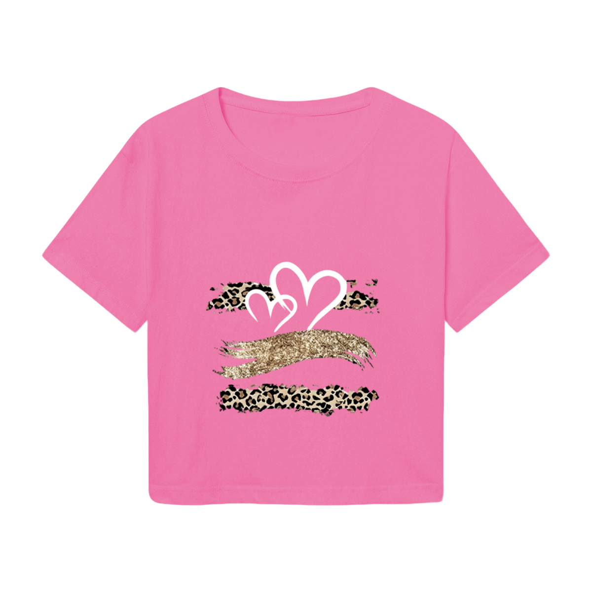 Leopard Glitter Heart Y2K Pink Crop Top
