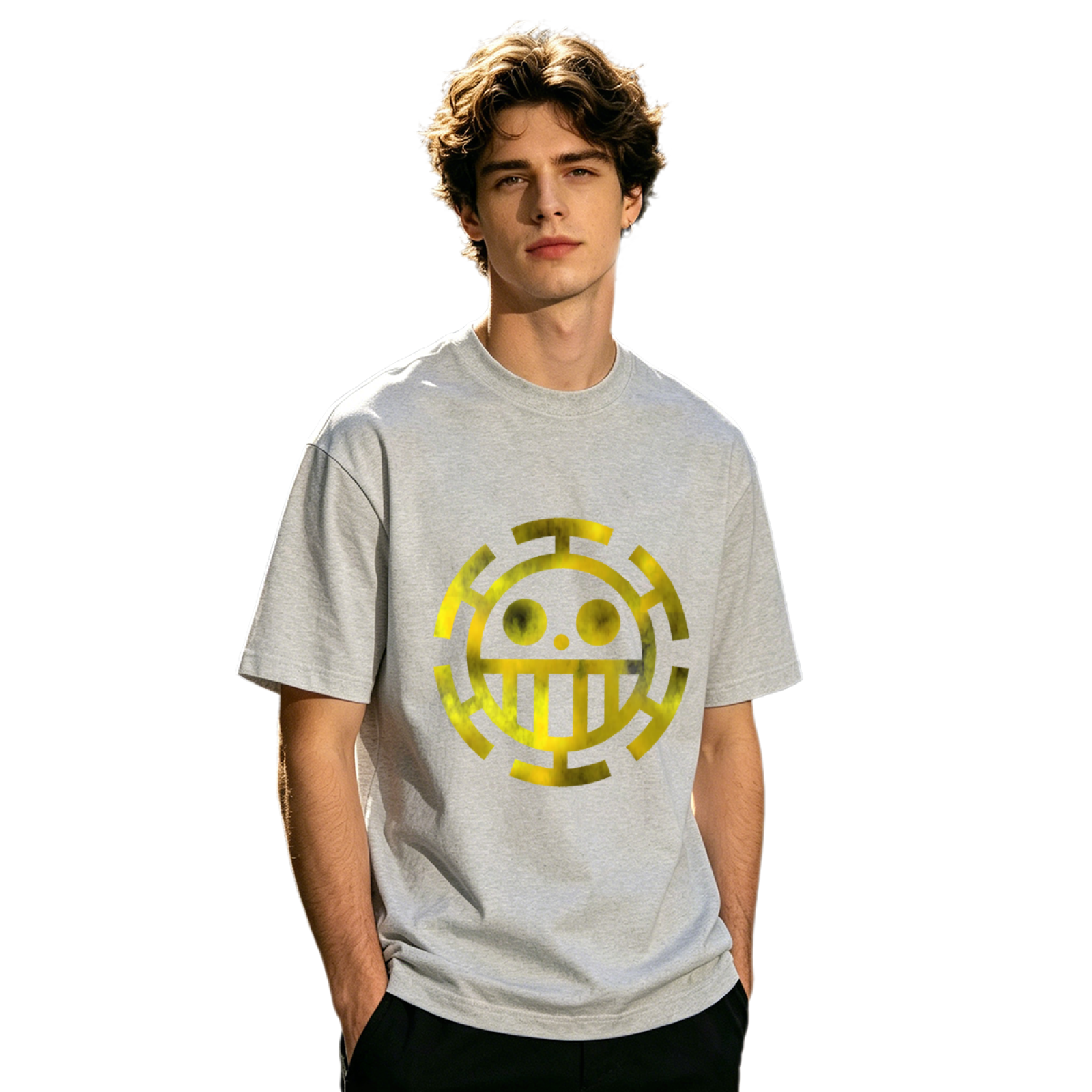 Men's One Piece Trafalgar Law Anime Yellow Logo Print T-Shirt