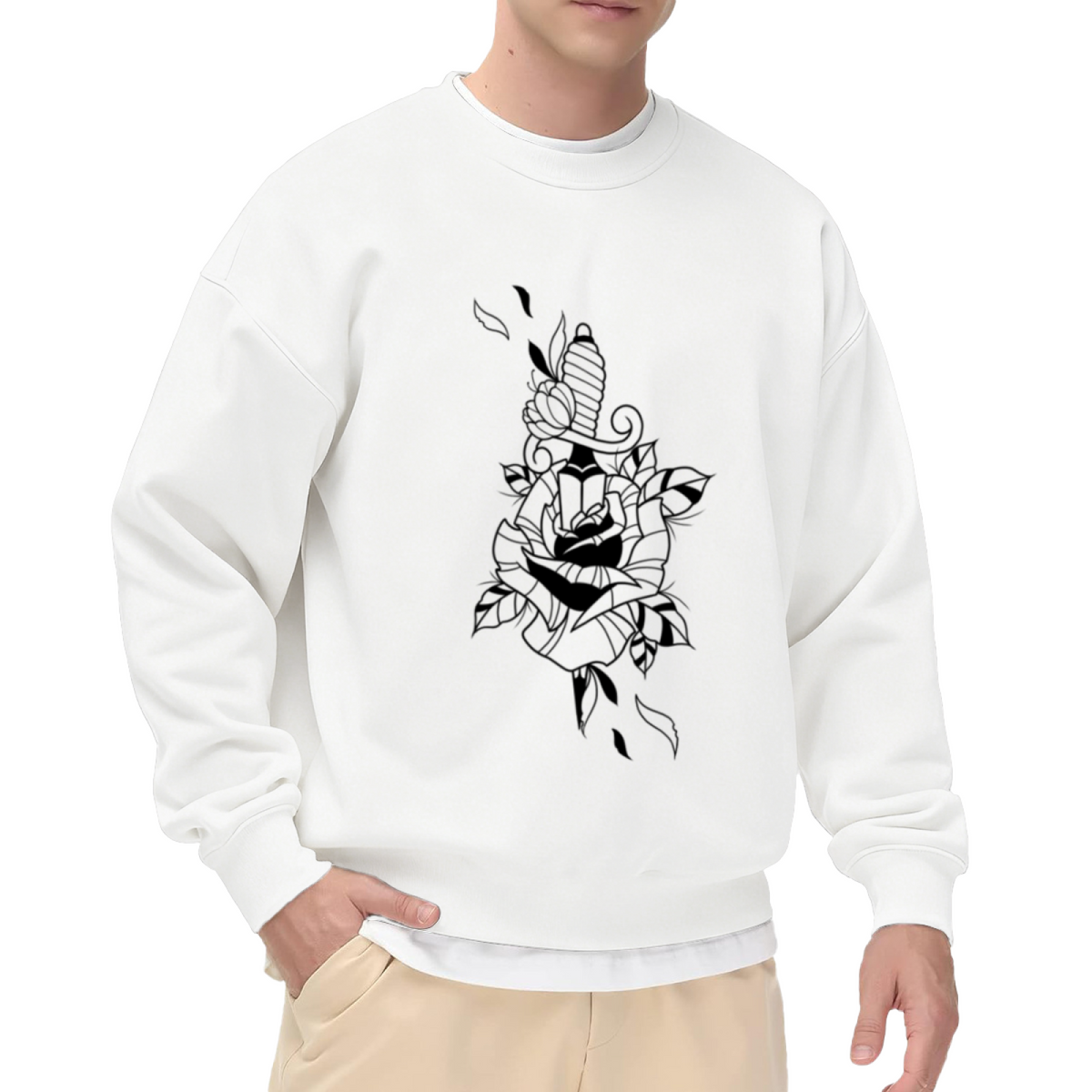 Dagger Rose Tattoo Crewneck Sweatshirt - Black Ink Floral Knife Graphic, Old School Tattoo Art Pullover, Edgy Streetwear