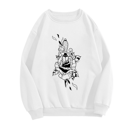 Dagger Rose Tattoo Crewneck Sweatshirt - Black Ink Floral Knife Graphic, Old School Tattoo Art Pullover, Edgy Streetwear