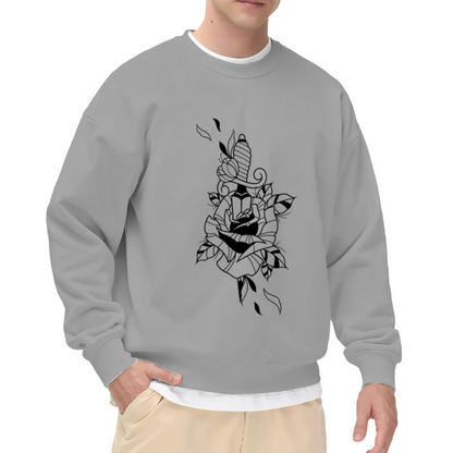 Dagger Rose Tattoo Crewneck Sweatshirt - Black Ink Floral Knife Graphic, Old School Tattoo Art Pullover, Edgy Streetwear