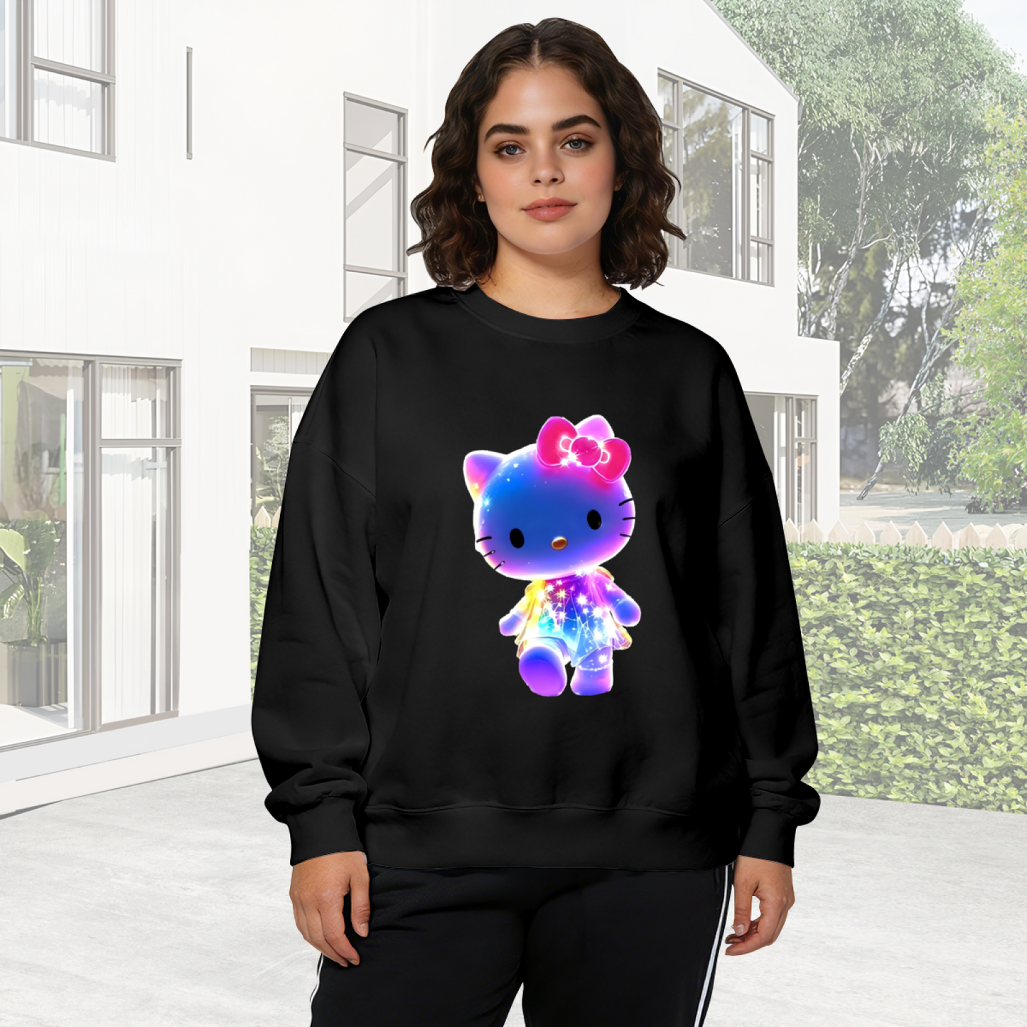 Glowing Galaxy Neon Hello Kitty Eye?Catching Crewneck Sweatshirt