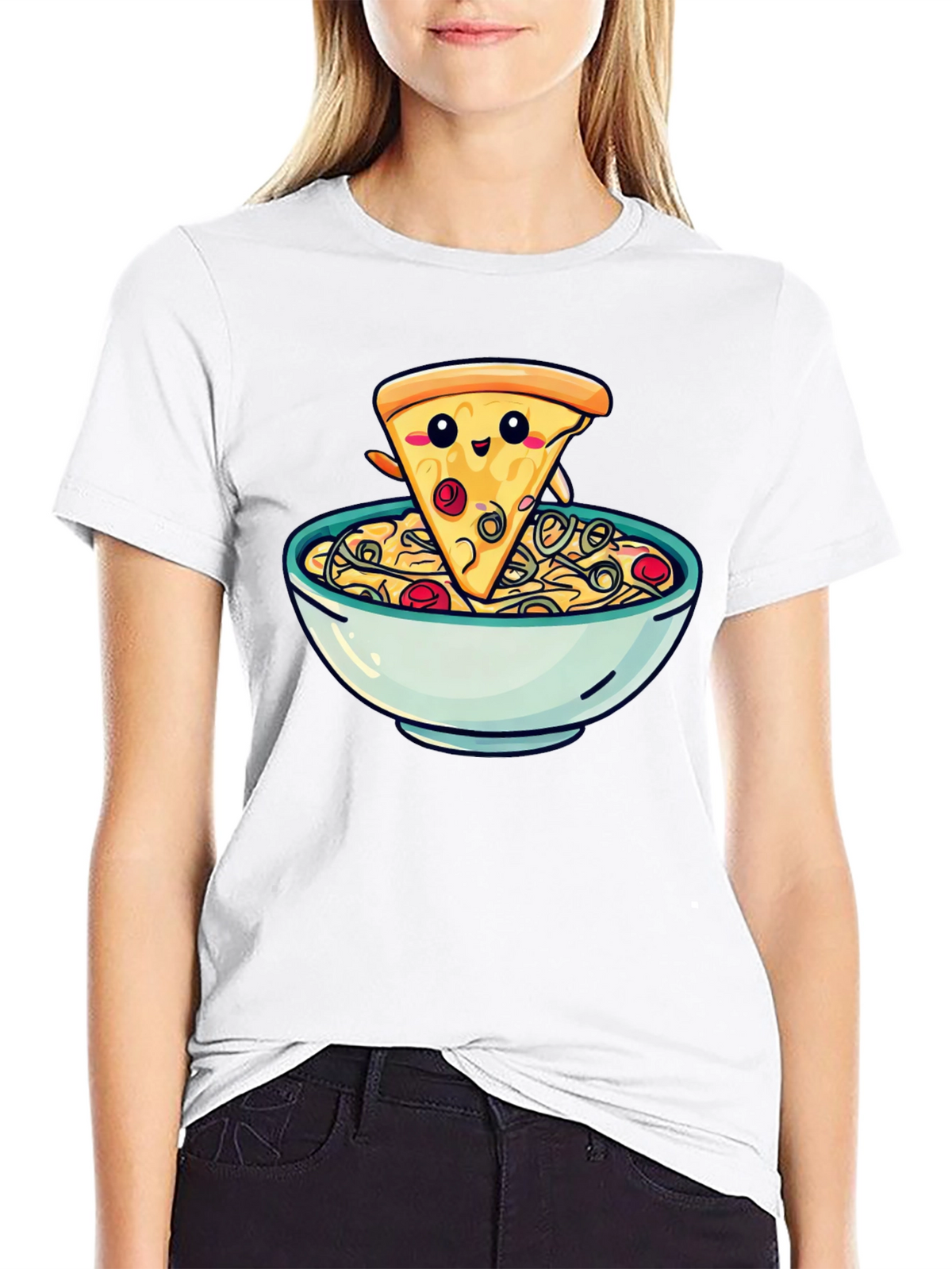 Cute Pizza Slice in Bowl Graphic T-Shirt