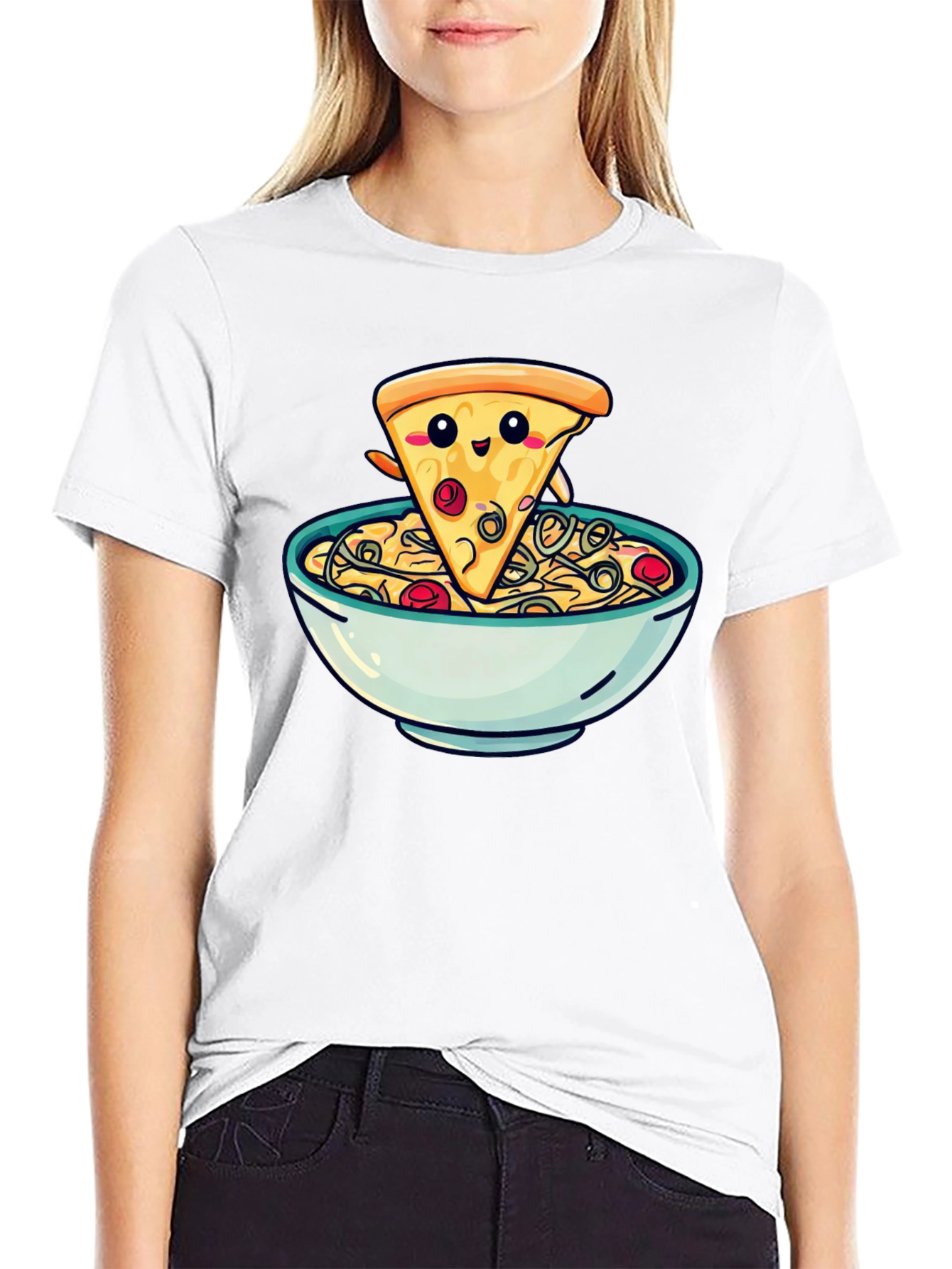 Cute Pizza Slice in Bowl Graphic T-Shirt