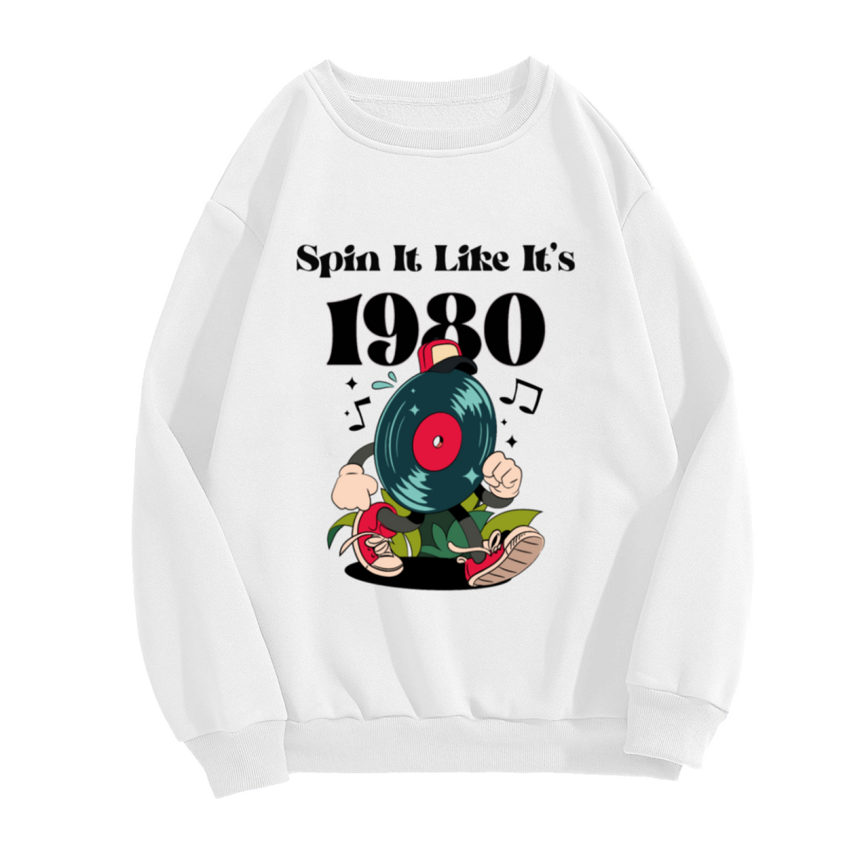 Spin It Like It's 1980 Sweatshirt | Retro Vinyl Record Cartoon Graphic Crewneck, 80s Music Lover Pullover Top, Vintage Gift for Music Fans