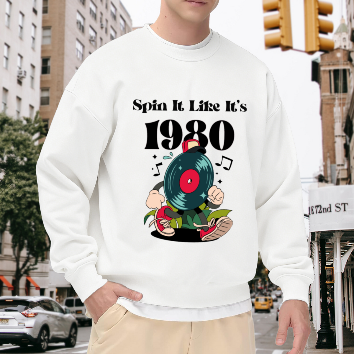 Spin It Like It's 1980 Sweatshirt | Retro Vinyl Record Cartoon Graphic Crewneck, 80s Music Lover Pullover Top, Vintage Gift for Music Fans