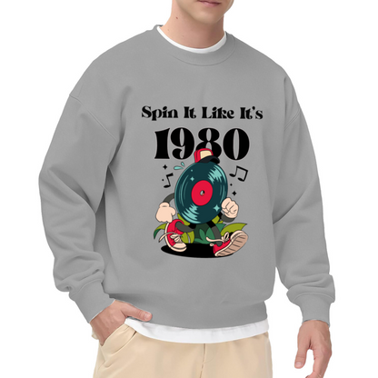 Spin It Like It's 1980 Sweatshirt | Retro Vinyl Record Cartoon Graphic Crewneck, 80s Music Lover Pullover Top, Vintage Gift for Music Fans
