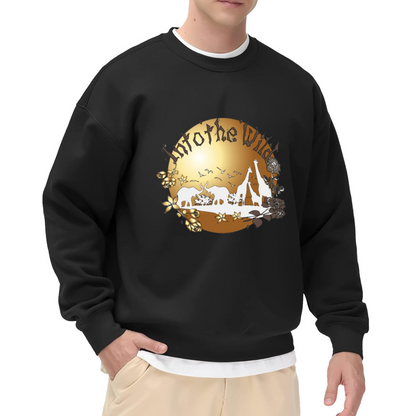 Into the Wild African Wildlife Crewneck Sweatshirt with Golden Floral and Animal Silhouette Graphic