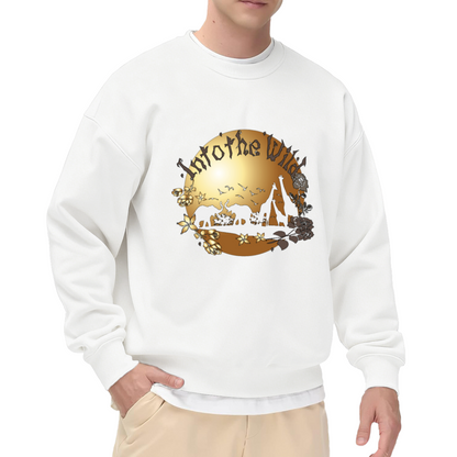Into the Wild African Wildlife Crewneck Sweatshirt with Golden Floral and Animal Silhouette Graphic