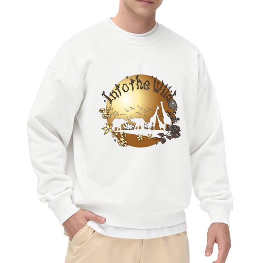 Into the Wild African Wildlife Crewneck Sweatshirt with Golden Floral and Animal Silhouette Graphic