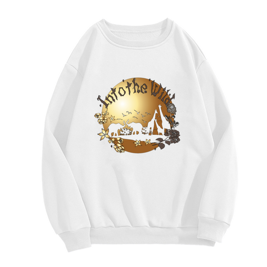 Into the Wild African Wildlife Crewneck Sweatshirt with Golden Floral and Animal Silhouette Graphic