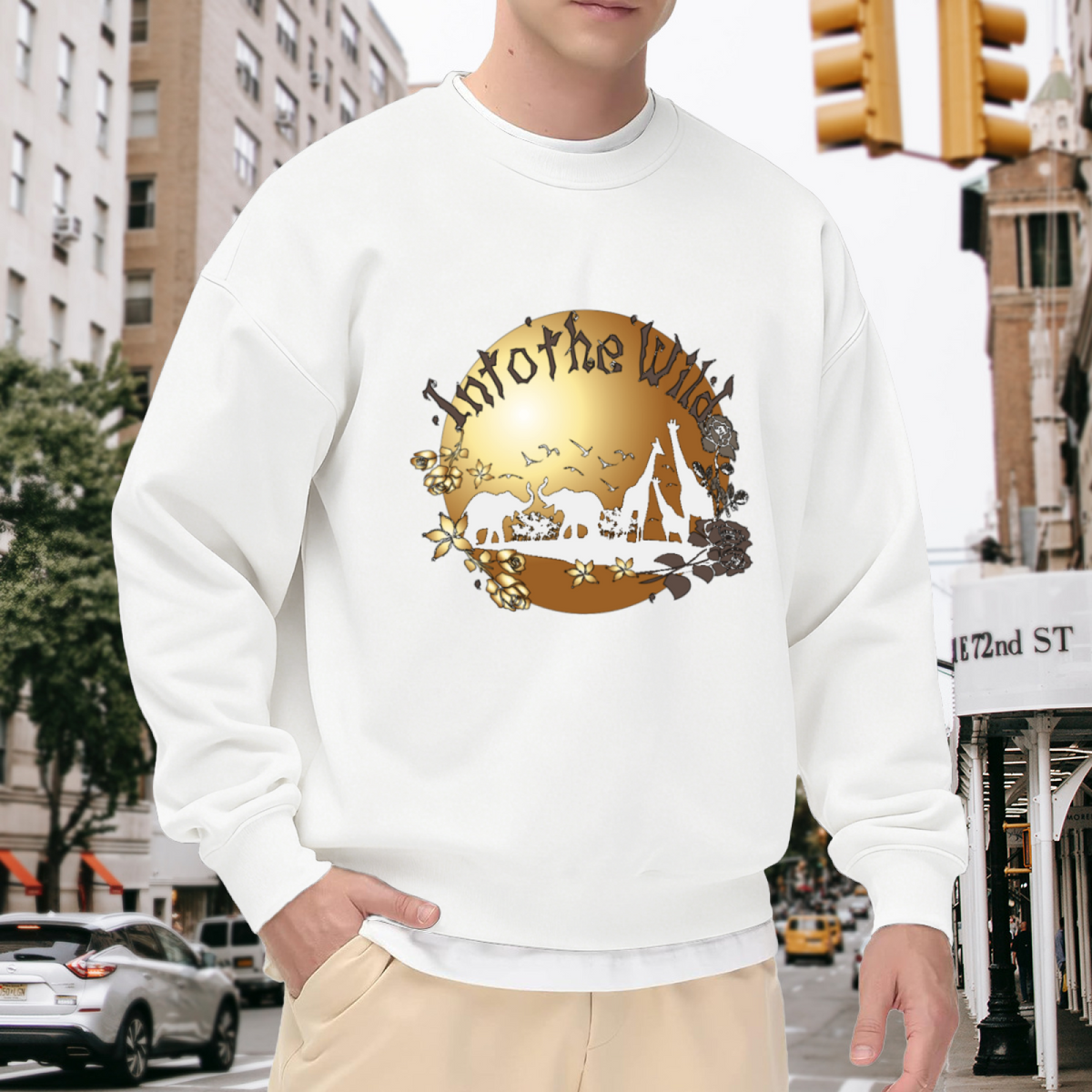 Into the Wild African Wildlife Crewneck Sweatshirt with Golden Floral and Animal Silhouette Graphic