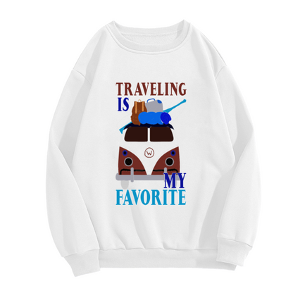 Traveling Is My Favorite Vintage Camper Van Crewneck Sweatshirt | Road Trip Camping Graphic Pullover, Van Life Gift