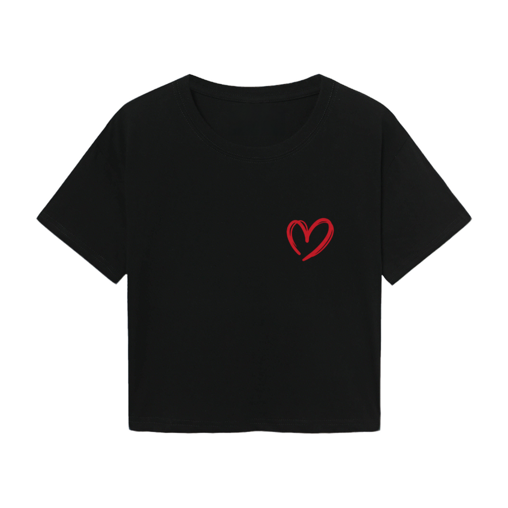 Simple Black Crop Top With Tiny Hand-Drawn Red Heart On Chest