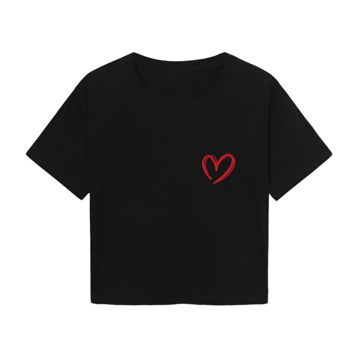 Simple Black Crop Top With Tiny Hand-Drawn Red Heart On Chest