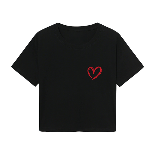 Simple Black Crop Top With Tiny Hand-Drawn Red Heart On Chest