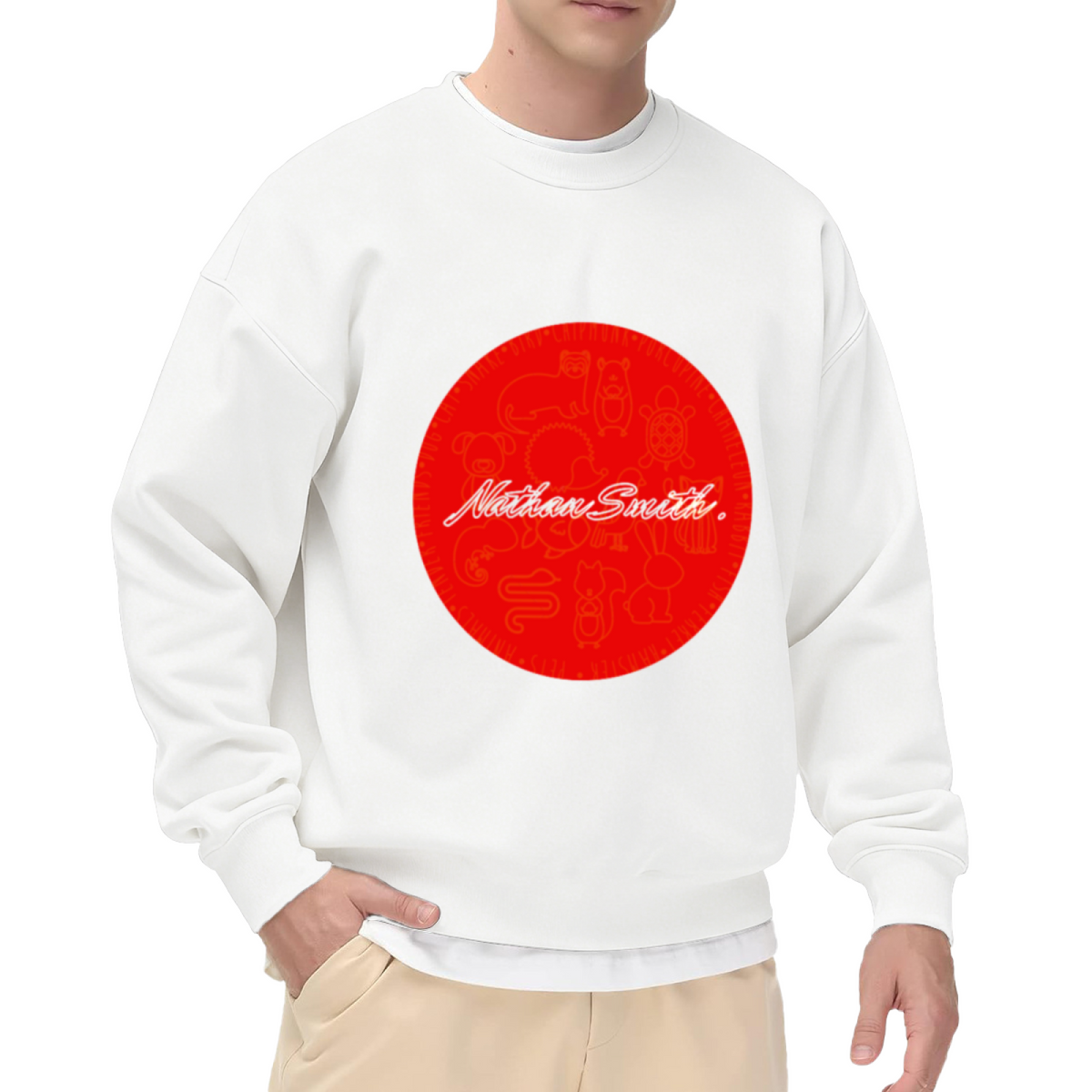 Nathan Smith Cartoon Animals Badge Crewneck Sweatshirt, Personalized Name Script Pullover, Custom Name Gift