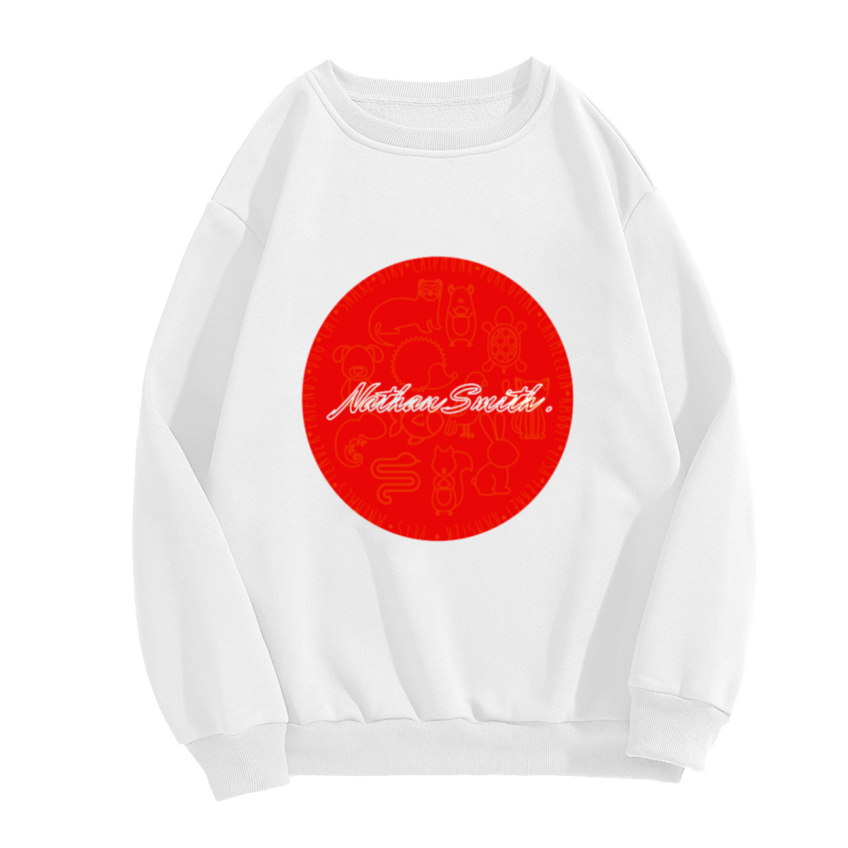 Nathan Smith Cartoon Animals Badge Crewneck Sweatshirt, Personalized Name Script Pullover, Custom Name Gift