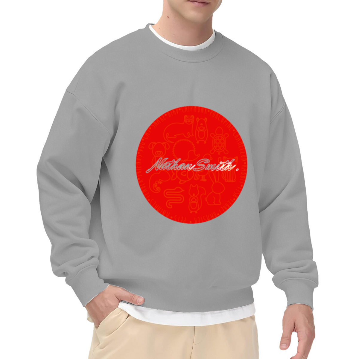 Nathan Smith Cartoon Animals Badge Crewneck Sweatshirt, Personalized Name Script Pullover, Custom Name Gift