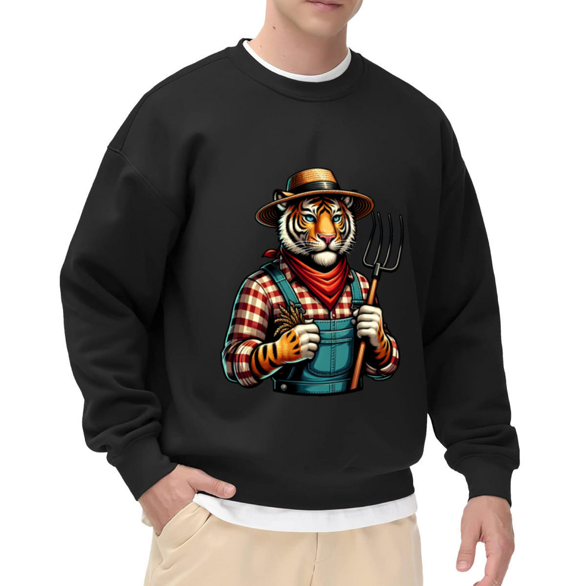 Farmer Tiger Sweatshirt | Vintage Cartoon Tiger Farmer Graphic Crewneck, Rustic Animal Pullover Top, Farm Lover Gift for Kids Men Women
