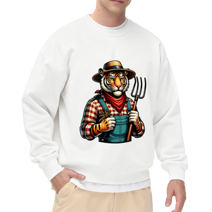 Farmer Tiger Sweatshirt | Vintage Cartoon Tiger Farmer Graphic Crewneck, Rustic Animal Pullover Top, Farm Lover Gift for Kids Men Women