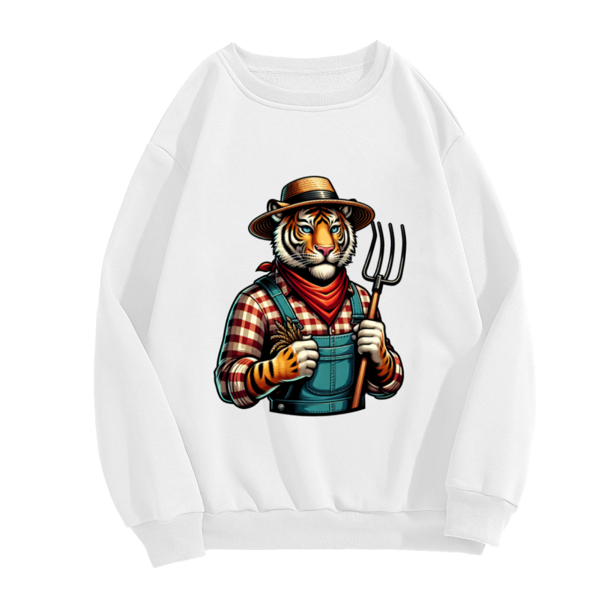 Farmer Tiger Sweatshirt | Vintage Cartoon Tiger Farmer Graphic Crewneck, Rustic Animal Pullover Top, Farm Lover Gift for Kids Men Women