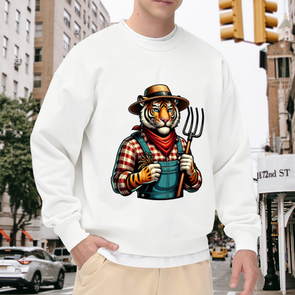 Farmer Tiger Sweatshirt | Vintage Cartoon Tiger Farmer Graphic Crewneck, Rustic Animal Pullover Top, Farm Lover Gift for Kids Men Women