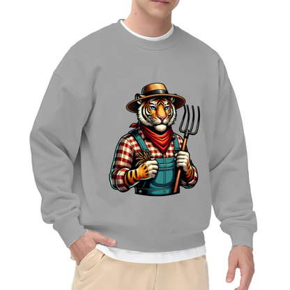 Farmer Tiger Sweatshirt | Vintage Cartoon Tiger Farmer Graphic Crewneck, Rustic Animal Pullover Top, Farm Lover Gift for Kids Men Women