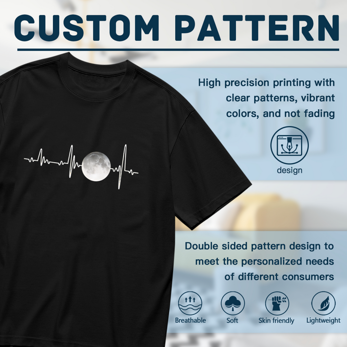 Full Moon Heartbeat Minimal Moon Lover ECG Tee