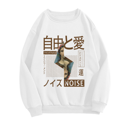 Split Classical Portrait Japanese Text Crewneck Sweatshirt | Freedom Love Mindfulness NOISE Collage Pullover, Art Streetwear Gift