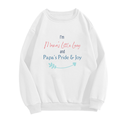 Mama's Little Lovey Papa's Pride And Joy Crewneck Sweatshirt | Cute Family Lettering Pullover, Heartfelt Arrow Graphic Top, New Baby Gift