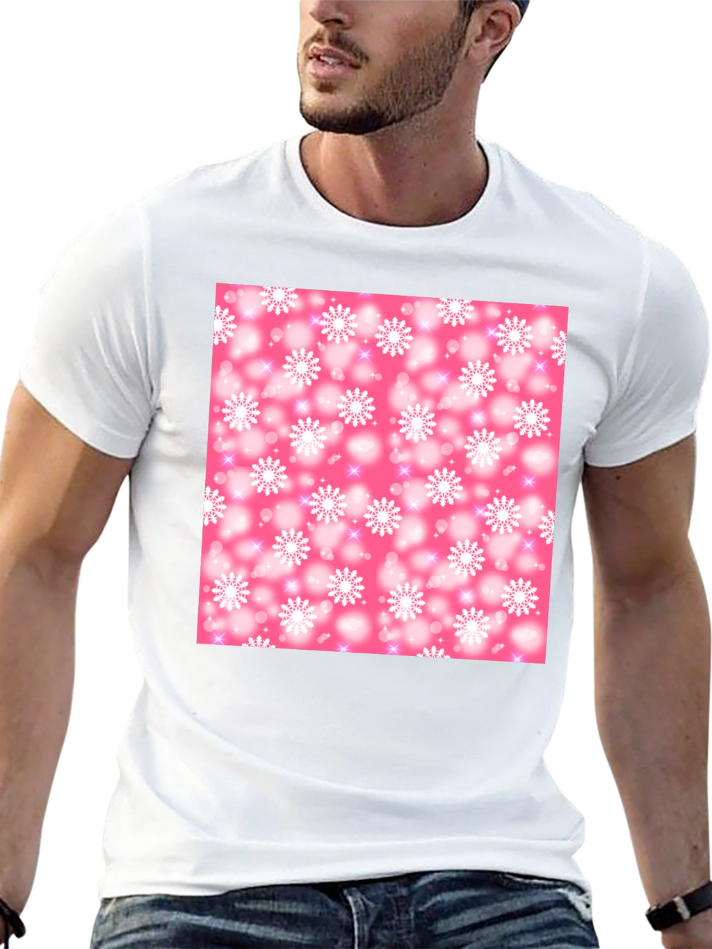 Snowflake Pattern T-Shirt - Pink Winter Design