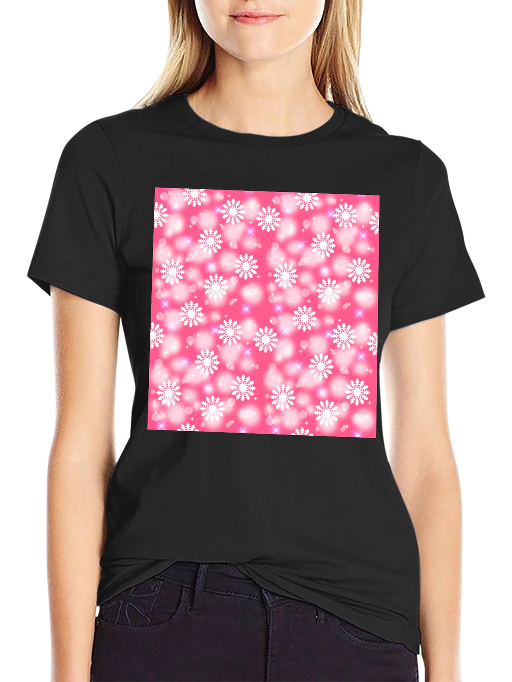 Snowflake Pattern T-Shirt - Pink Winter Design