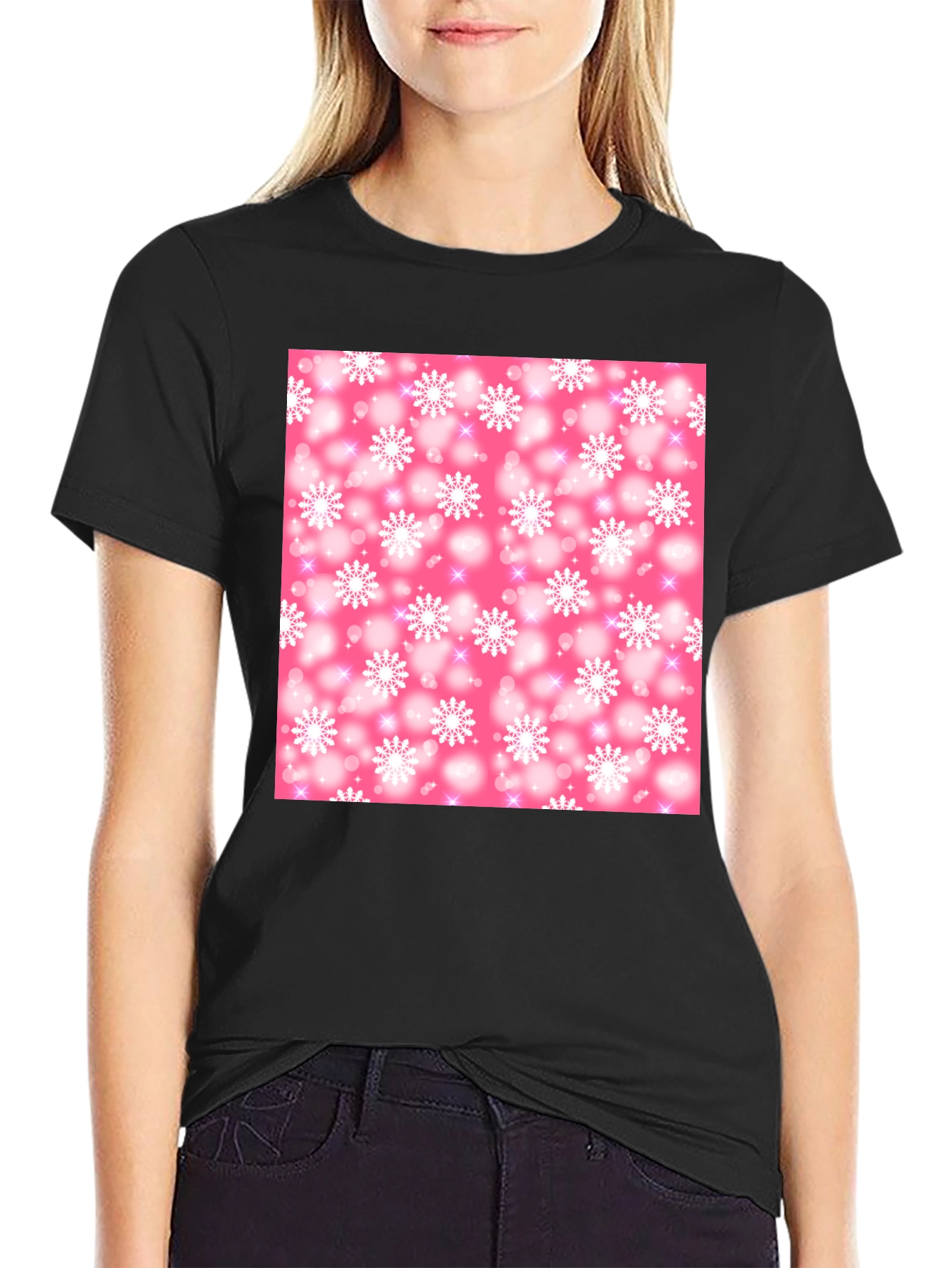 Snowflake Pattern T-Shirt - Pink Winter Design